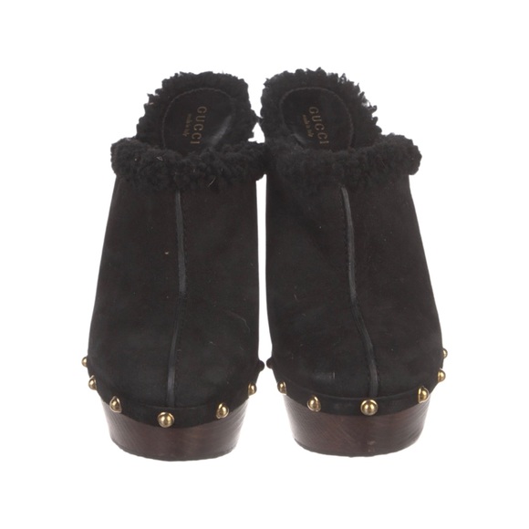 Gucci Suede Shearling Black Gold Studded Wood Heel Mules Clogs size 38.5 or 8.5 - Picture 3 of 5